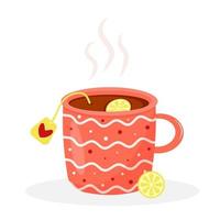 taza de té con limón, bolsa de preparación y vapor. bebida caliente aislado sobre fondo blanco. vector