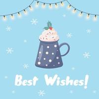 Christmas coffee mug with whipped cream and holly, shining garland and snowflakes. Best wishes quote. Greeting card.