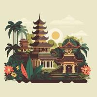Bali Hindu Temple Nyepi Silent Day Indonesia Island Vector Flat Illustration