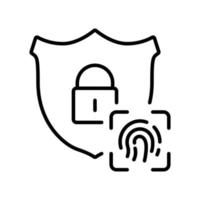 Fingerprint with Shield and Lock Line Icon. Biometric Identification, Privacy Protection Pictogram. Access by Identity Finger Print Outline Symbol. Editable Stroke. Isolated Vector Illustration.