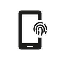 Fingerprint Identification in Mobile Phone Silhouette Icon. Touch ID in Cellphone Glyph Pictogram. Finger Print Scanner on Smartphone Sign. Biometric Identity Symbol. Isolated Vector Illustration.