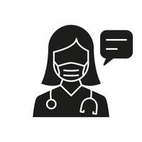 médico en máscara con icono de silueta de concepto de consulta de burbuja de voz. icono de chat de atención médica. médico hablando pictograma negro glifo. conversación médica. ilustración vectorial aislada. vector