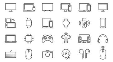 Modern Electronic Wireless Equipment Line Icon Set. PC, Computer, Monitor, Smartphone, Camera, Keyboard, Headphone Pictogram. Devices Outline Symbol. Editable Stroke. Isolated Vector Illustration.