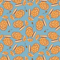 Pattern cookies with filling and biscuit crumbs on  blue background, hand drawn doodle drawing. National Cookie Day. vector