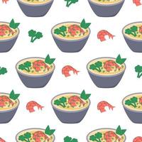 Soup with vegetables and seafood seamless pattern vector