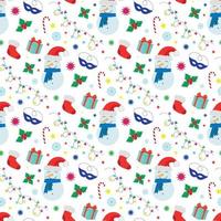 patrón sin fisuras de año nuevo, atributos navideños sobre fondo blanco, vector plano, muñeco de nieve, bota, regalo, muérdago, máscara, guirnalda