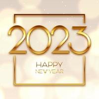 Golden Happy New Year background with bokeh lights and gold numbers vector