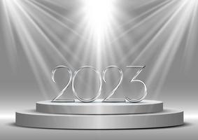Happy New Year background with numbers under spotlights on a podium vector