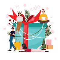 Big gift box with small people around it buying gifts online for Christmas and winter holidays. Illustration with people placing their orders online with big discounts. vector