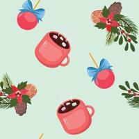 Winter seamless pattern with Christmas decorative elements, pine branches, red cup with hot chocolate and Christmas tree decorative ball. For textile, paper, wrapping paper and packaging.