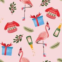 Seamless pattern with a pink flamingo wearing a Santa cap and socks, sweater, gift box, bottle, berries and pine branch on pink background. For textile, wrapping paper, packaging, apparel.