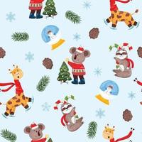 Seamless pattern with koala bear, giraffe, sloth on blue background. Winter Christmas background with jungle animals. vector