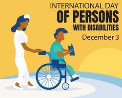 ilustración gráfica vectorial de una enfermera empujando a un paciente discapacitado en silla de ruedas, perfecto para el día internacional, el día mundial de la discapacidad, celebrar, tarjeta de felicitación, etc. vector