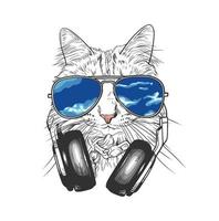 gato con gafas de sol y auriculares. ilustración vectorial dibujada a mano vector