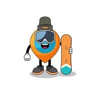 caricatura de mascota del símbolo de ubicación jugador de snowboard vector