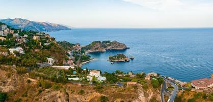 Panoramic aerial view of Isola Bella island and beach in Taormina. photo