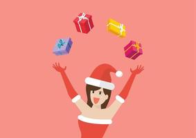 Santa girl juggling gift boxes vector