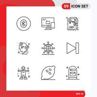 Mobile Interface Outline Set of 9 Pictograms of globe idea transfer business brain Editable Vector Design Elements