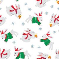 Decorative seamless Christmas pattern with cute rabbit and snowflakes vector