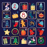 Digital vector advent calendar with Christmas items on blue background. Advent calendar for Christmas for children and adults. Decorative advent calendar for happy family holiday Christmas