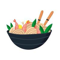 Asian food wok noodles with shrimps in a bowl. vector illustration