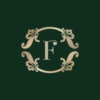 Letter F Alphabet Logo with Luxury Decorative Golden Frame. Elegant Curl Floral Ornament. vector