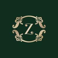 logotipo del alfabeto letra z con marco dorado decorativo de lujo. elegante adorno floral de rizo. vector