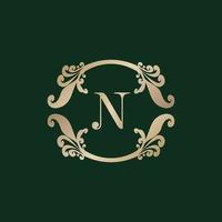 Letter N Alphabet Logo with Luxury Decorative Golden Frame. Elegant Curl Floral Ornament. vector