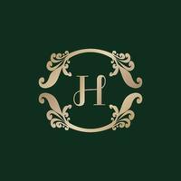 logotipo del alfabeto letra h con marco dorado decorativo de lujo. elegante adorno floral de rizo. vector
