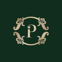 Letter P Alphabet Logo with Luxury Decorative Golden Frame. Elegant Curl Floral Ornament. vector