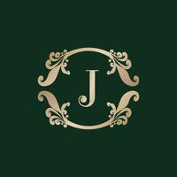 Letter J Alphabet Logo with Luxury Decorative Golden Frame. Elegant Curl Floral Ornament. vector