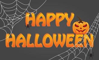 feliz halloween texto en 3d con telaraña y calabaza vector