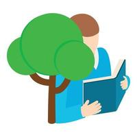 vector isométrico del icono del concepto de lectura. joven leyendo un libro de papel debajo del árbol