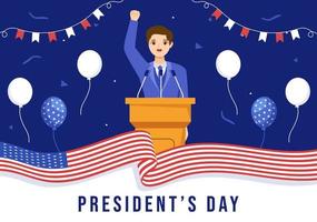feliz día de los presidentes con estrellas y bandera de estados unidos para el presidente de américa adecuado para póster en ilustración de plantillas dibujadas a mano de dibujos animados planos vector