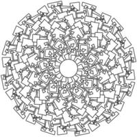 Contour mandala of arrows and squares, meditative coloring page with ornate patterns vector