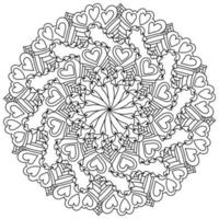 Mandala with hearts and ornate patterns, meditative coloring page for Valentines day vector