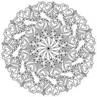 Mandala with hearts and ornate patterns, meditative coloring page for Valentines day vector