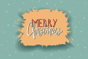 Red White Lettering Merry Christmas in a orange cloud of clouds created by a dry brush on a grey green background with a decor of white snowflakes. Vector New Year illustration