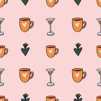 glass with a heart pattern and a martini glass with a drink in the form of a heart on a pink square background - a seamless pattern on the theme of Valentine's Day vector