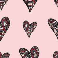 hand drawn heart in doodle sketch style and traced. Vector seamless print with a painted heart in stained glass style - multicolored pieces with a black outline on a pink square background