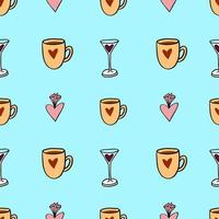 seamless print with drinks and heart shaped candy on a square blue background. Vector seamless pattern hand drawn in doodle style