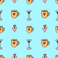 seamless print with drinks and heart shaped candy on a square blue background. Vector seamless pattern hand drawn in doodle style