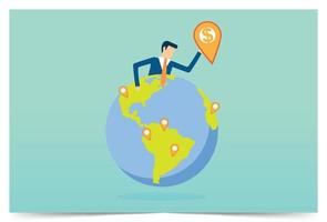 Businessman put new branch pin on world map vector