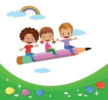 cute boy flying on pencil vector