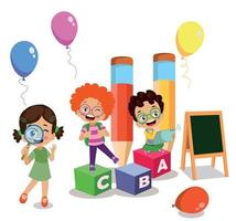 Kids playing with bricks and educational games in kindergarten room. Kids play together in kindergarden. Poster with the place for your text. Playroom with children vector