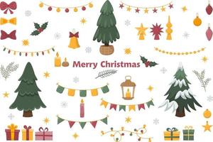 Christmas and New Year decorative elemen. Cute decor   Christmas trees, gifts, candles,garlands, bell, and mistletoe. Vector illustration