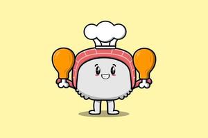 lindo chef de sushi de dibujos animados sosteniendo dos muslos de pollo vector