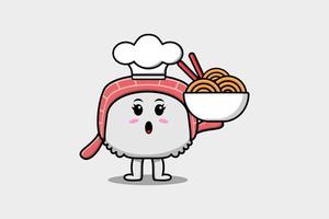 Cute cartoon Sushi chef holding noodles in bowl vector