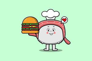 personaje de chef de sushi de dibujos animados lindo con hamburguesa vector