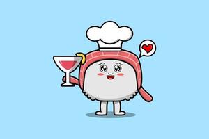 Cute cartoon Sushi chef character hold wine glass vector